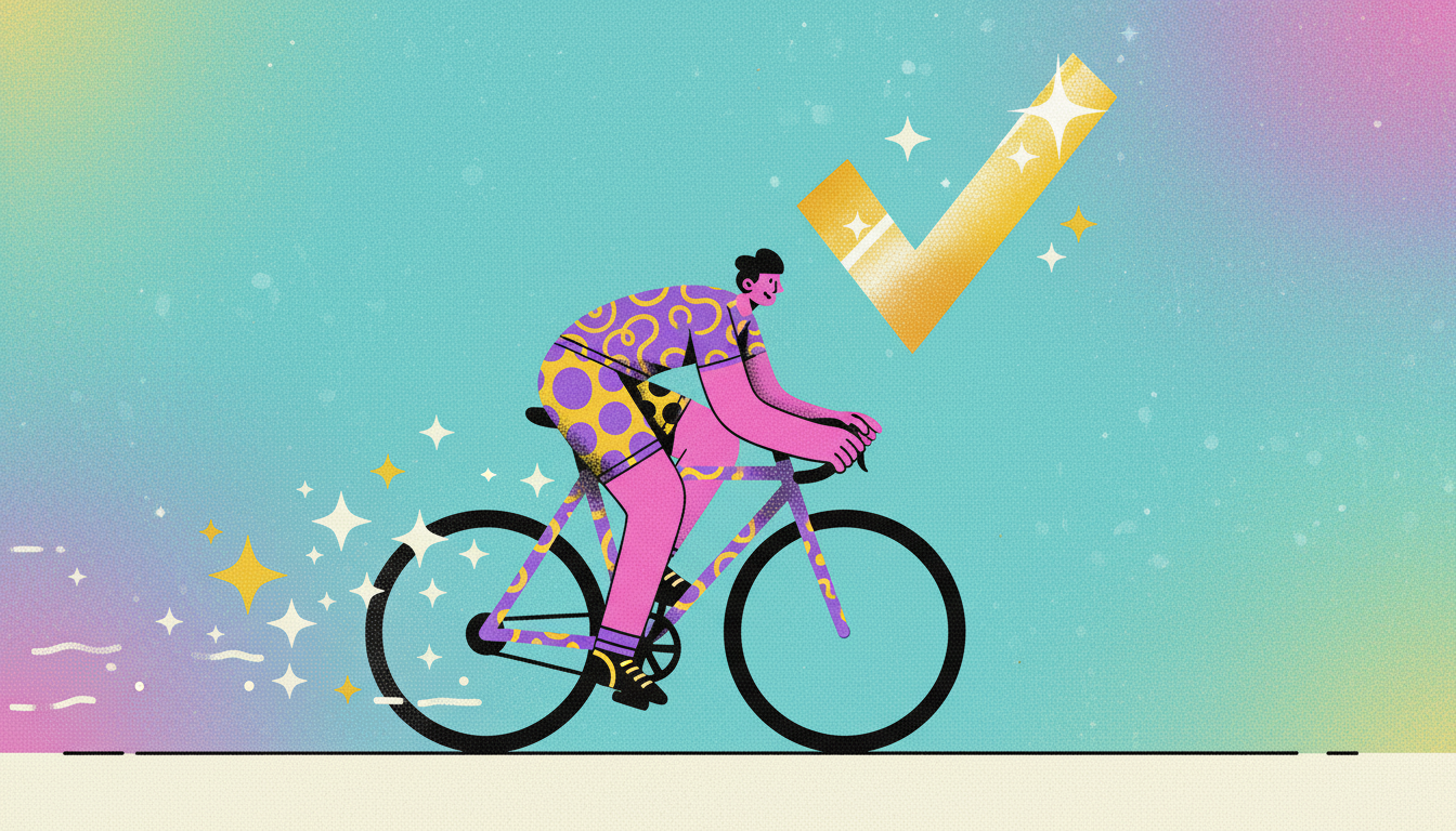 A cyclist mid-ride with a verified checkmark, showing how heart-rate-verified workouts feed reward apps