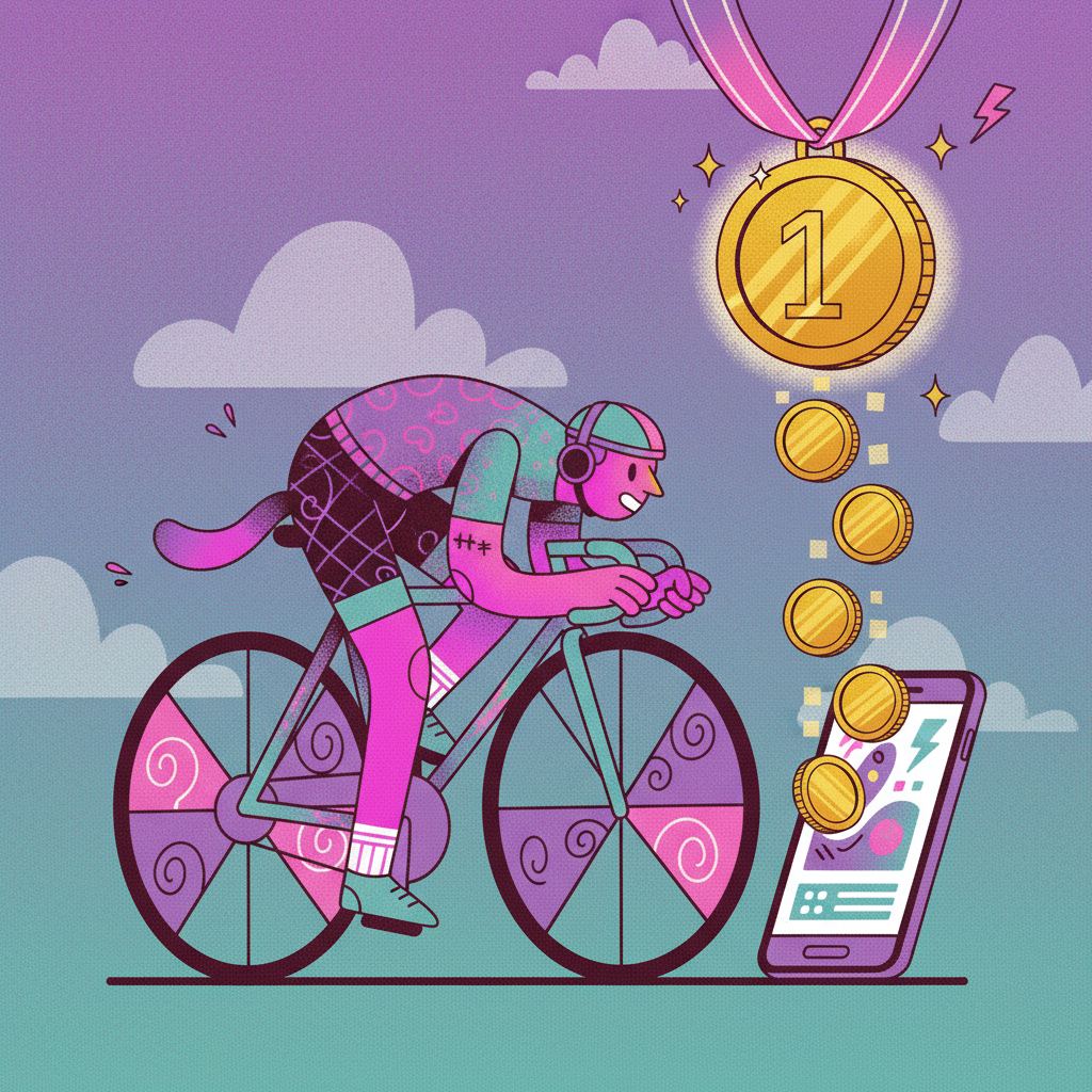 A cyclist mid-ride with a gold medal and coins streaming into a phone showing BITLETICS workout stats