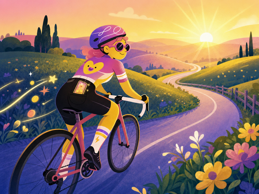 An illustrated cyclist riding through rolling hills at sunrise with reward sparkles trailing the bike