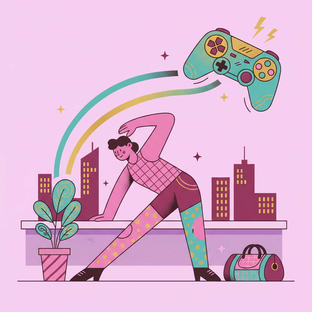 An illustrated woman stretching with a floating game controller behind her