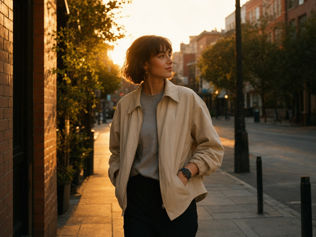 A young adult walking down a quiet city street at golden hour, an Apple Watch visible on the wrist