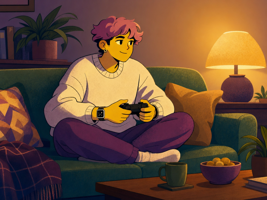 A young adult sitting on a sofa at home holding a video game controller, an Apple Watch visible on the wrist