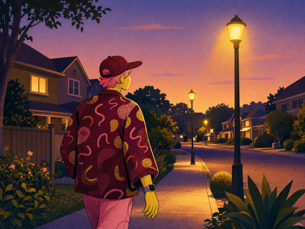 A young adult walking through a quiet residential neighbourhood at dusk under warm street lamps, an Apple Watch visible on the wrist
