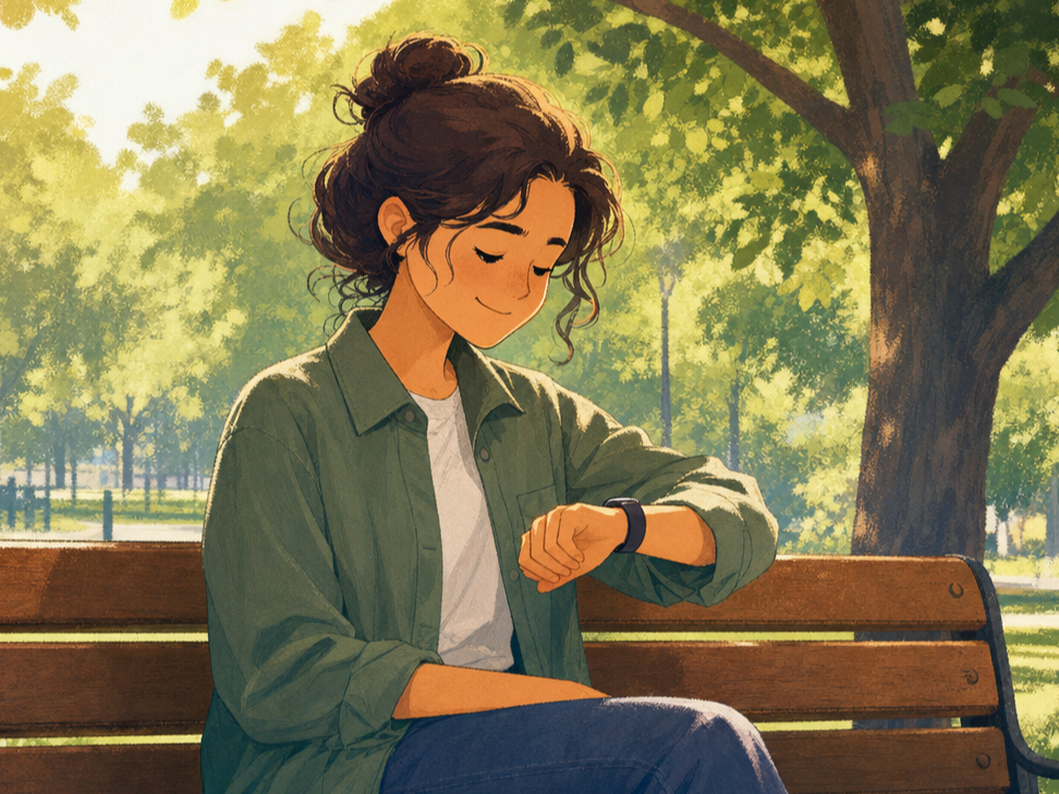 A young adult sitting on a wooden park bench checking the time on their Apple Watch in soft late morning light