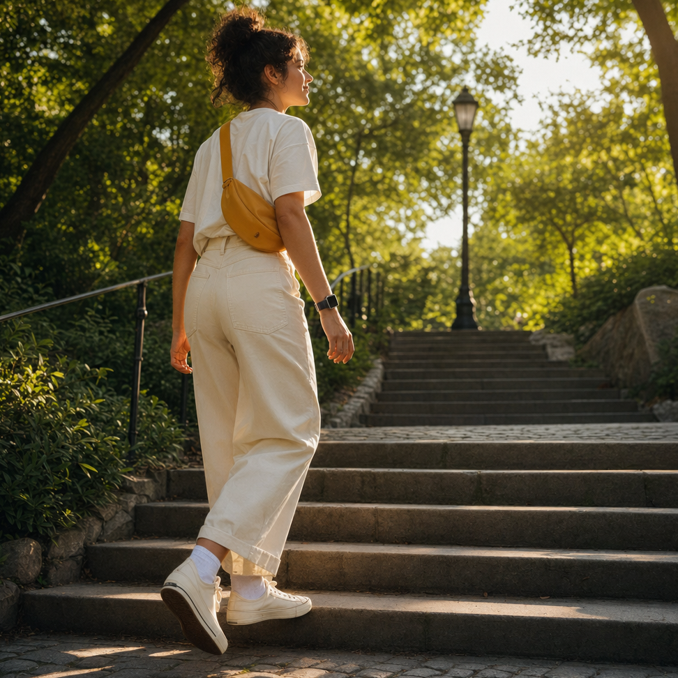 A young adult walking up a public park stone staircase in late afternoon, an Apple Watch visible on the wrist