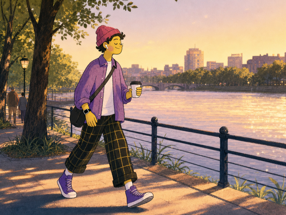 A young adult walking along a riverside promenade at early evening, an Apple Watch visible on the wrist