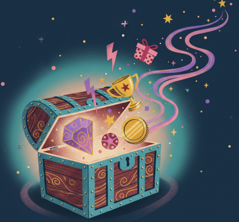 An illustrated open treasure chest with sparkles and rewards spilling out