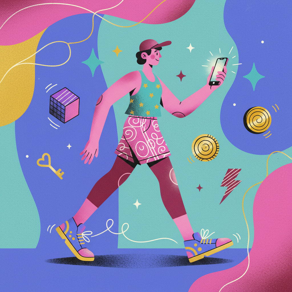An illustrated walker with a phone and floating reward icons around them