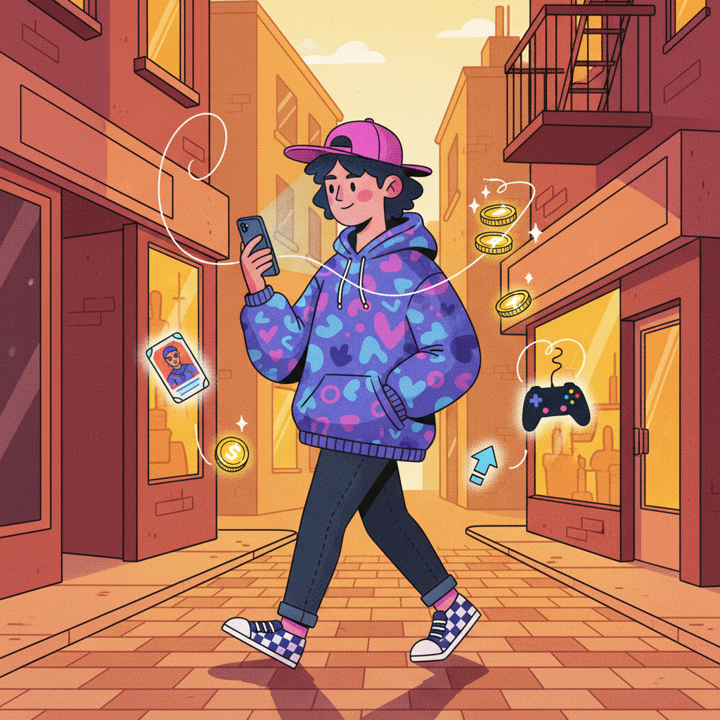 An illustrated walker on a city street with a phone in hand
