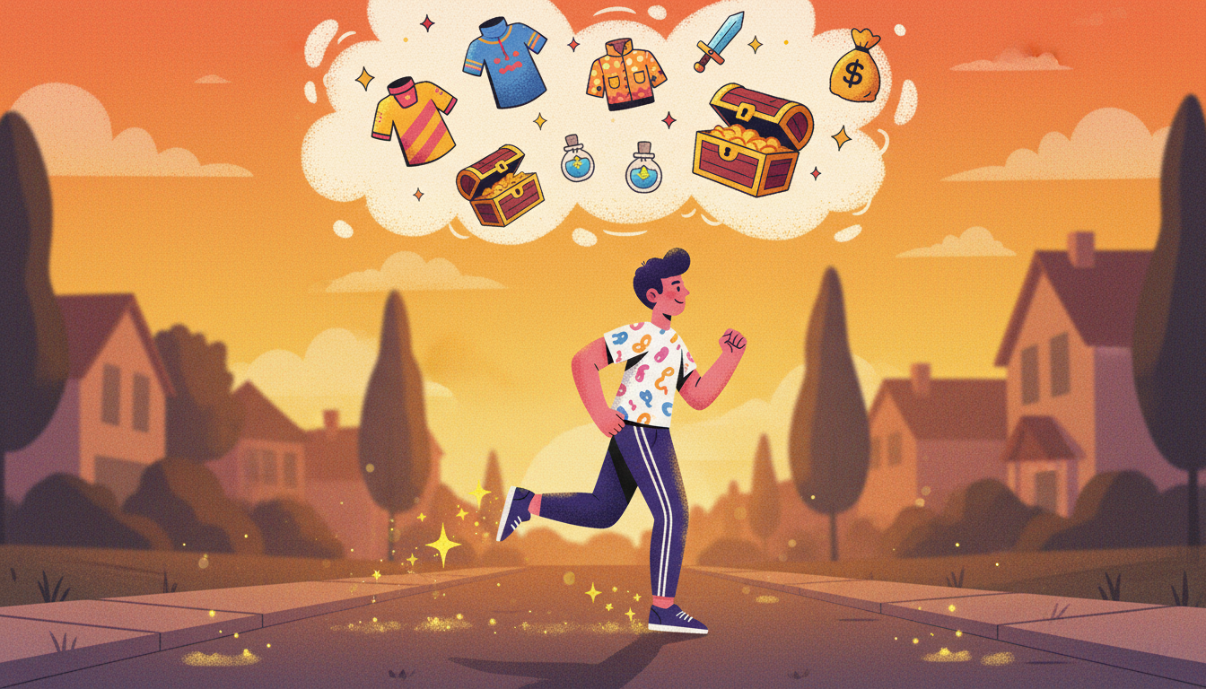 A jogger at dusk with glowing stars turning into game rewards above them.