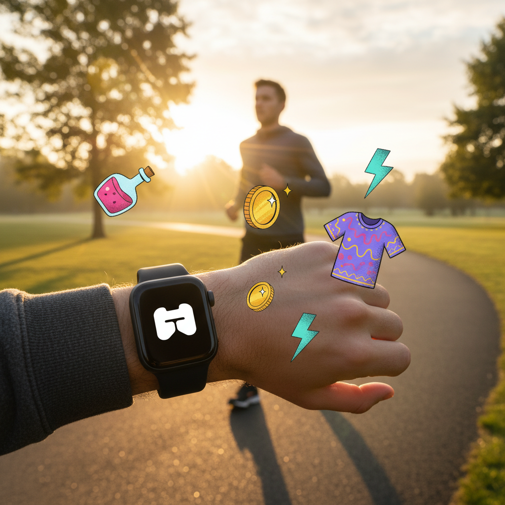 Smartwatch tracking a morning run with game rewards visualized as floating items