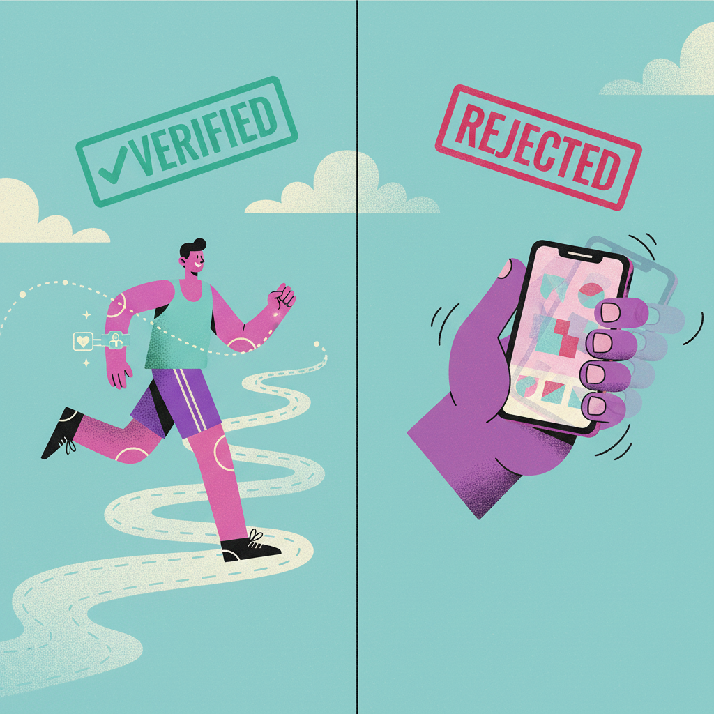 Verified real runner with GPS trail on the left, rejected phone-shaking spoofer on the right
