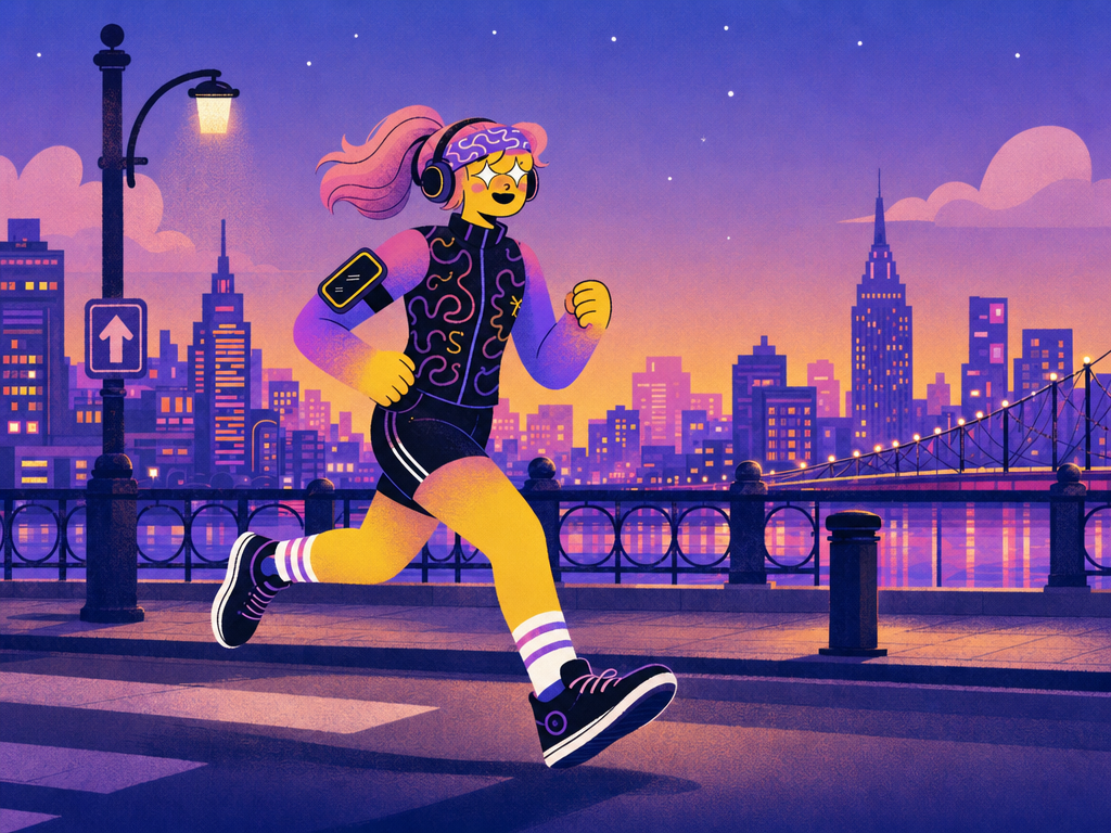 Painted illustration of a runner mid-stride on a city street at twilight.