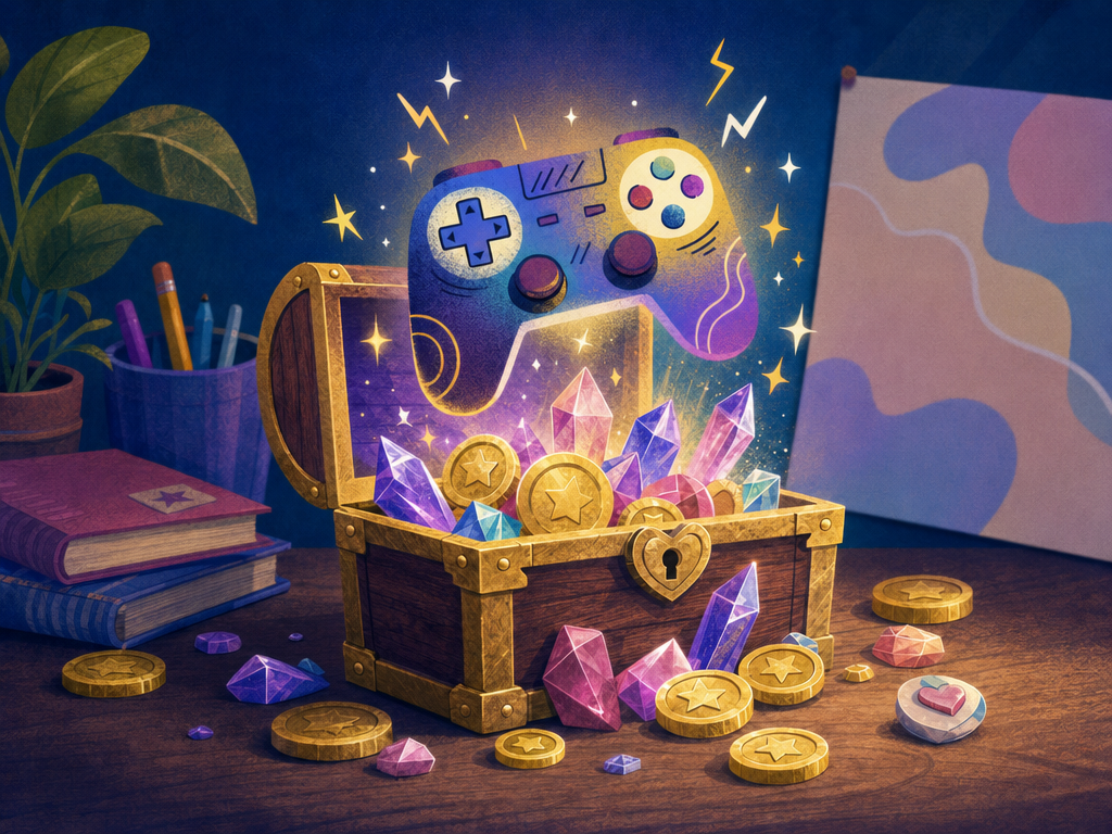 Painted illustration of an open treasure chest holding a glowing game controller and gold coins, surrounded by sparkling crystals on a soft pastel desk.