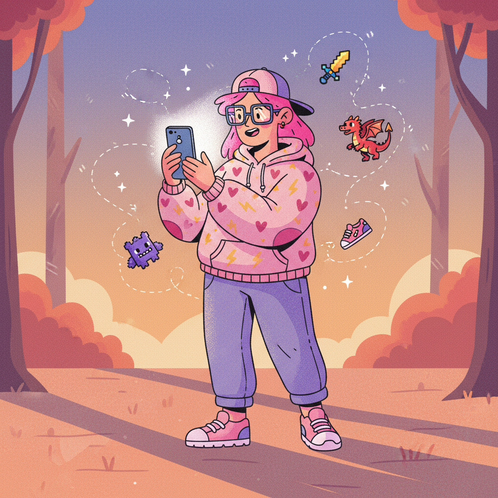Illustrated overhead view of a phone showing a world map with tiny creatures on streets and small game-genre icons floating around it