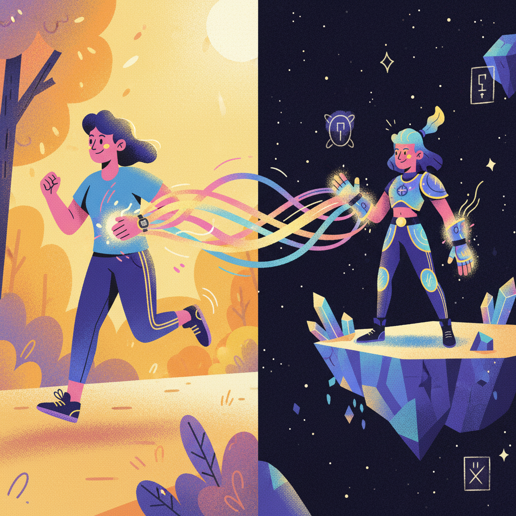Illustrated split scene of a runner in a park with light ribbons flowing from their chest into a fantasy game world on the right