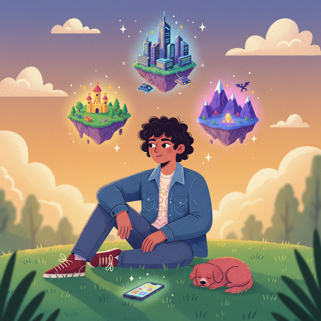 Illustrated scene of a young adult sitting on a rooftop at sunset with three small floating game worlds above them and light streaming into all of them