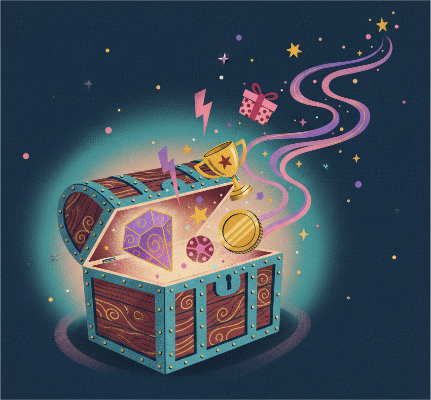 An open treasure chest with painted game rewards bursting out: gems, coins, a trophy, a lightning boost, and a ribbon-wrapped loot box