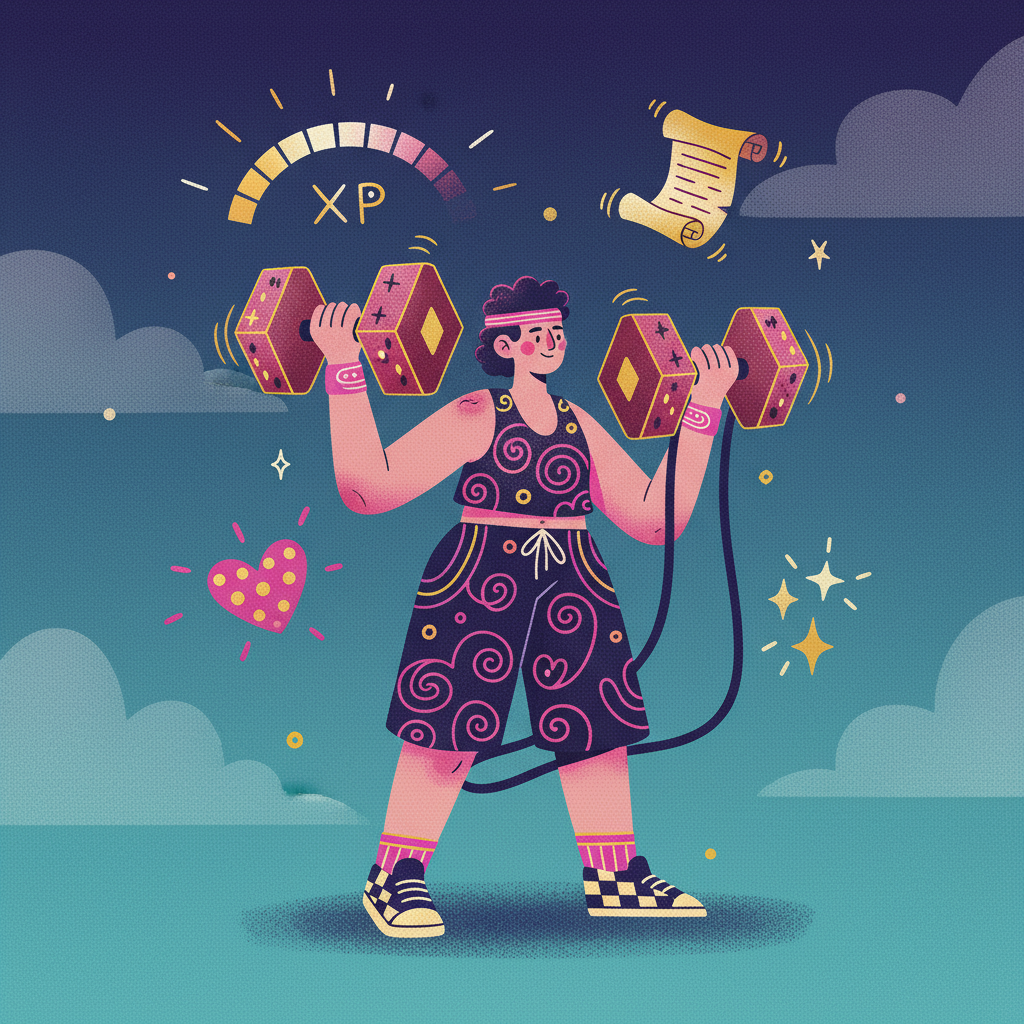 Stylised person mid-workout with soft glowing game UI elements floating around them