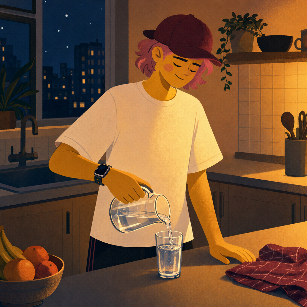 Painted illustration of a young adult in a dim kitchen at night pouring water from a jug into a glass after a walk, with a wearable on the left wrist.