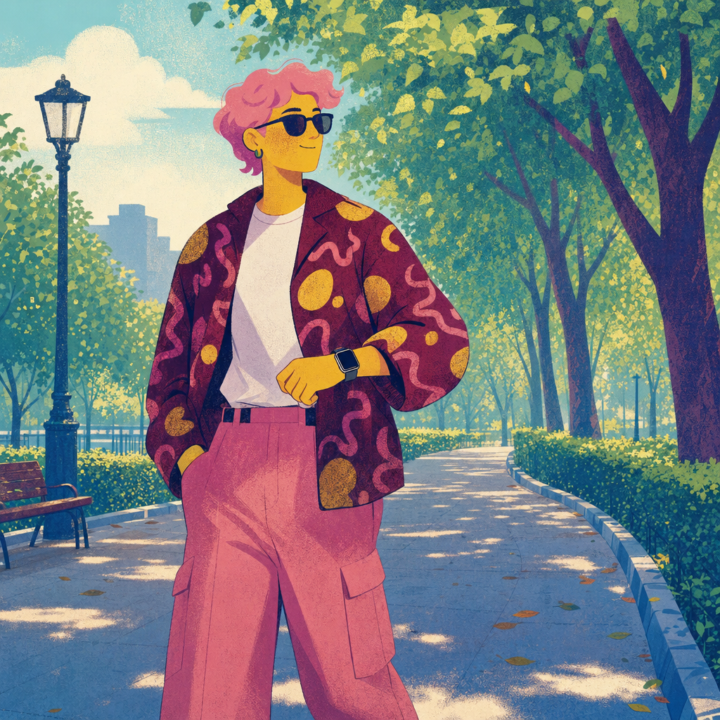 Painted illustration of a young adult standing on a tree-lined park path in soft daylight, hands in pockets, wearing a patterned coat and sunglasses.