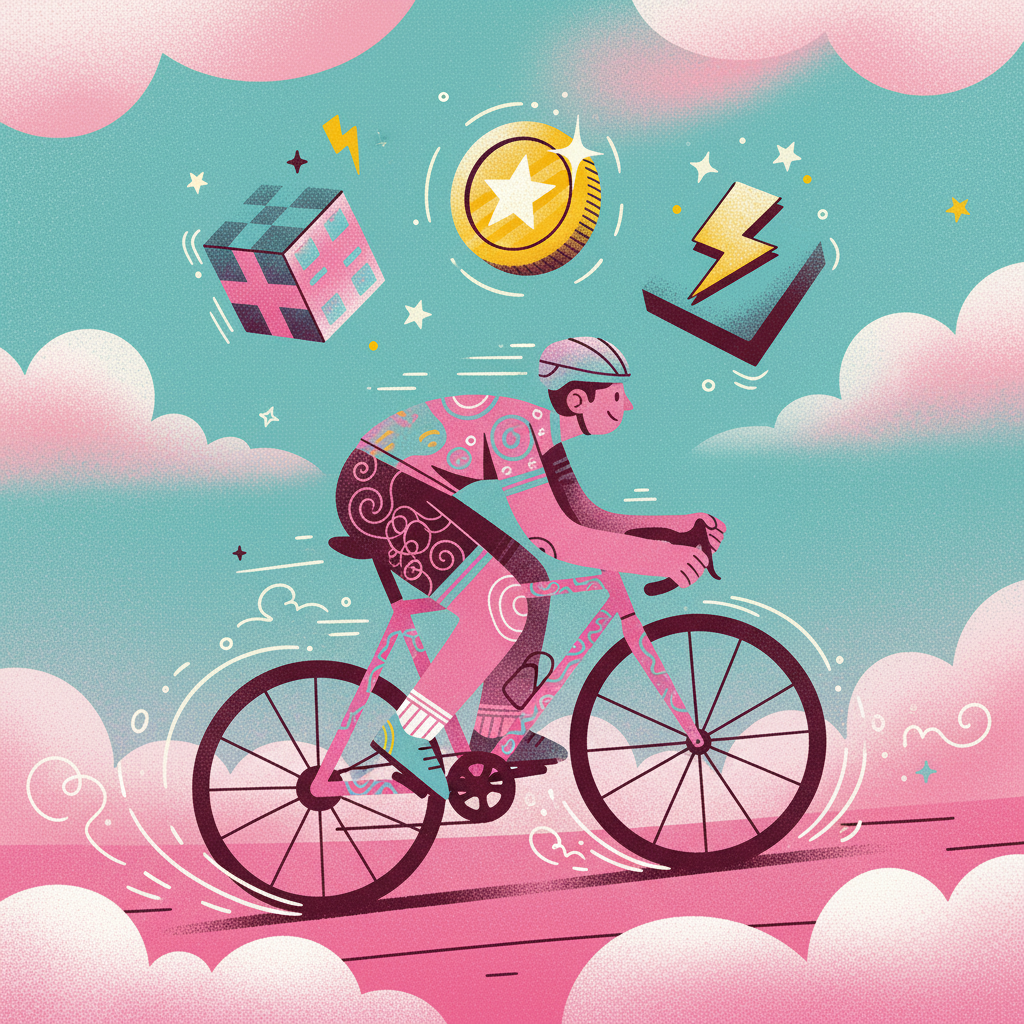 Risograph illustration of a cyclist mid-stride with three floating Roblox-style reward icons above them