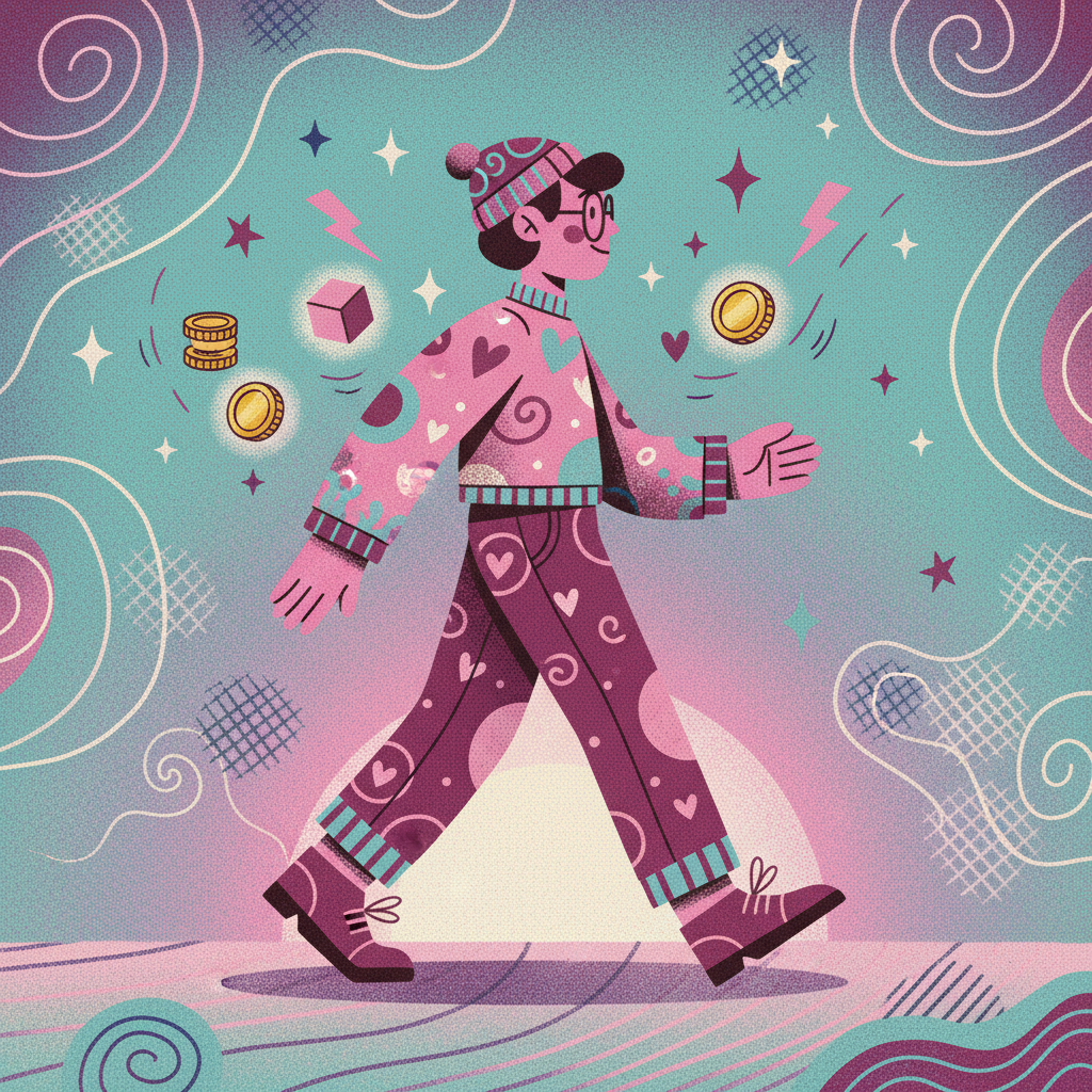 Risograph illustration of a young person walking outside while geometric game reward shapes drift around them